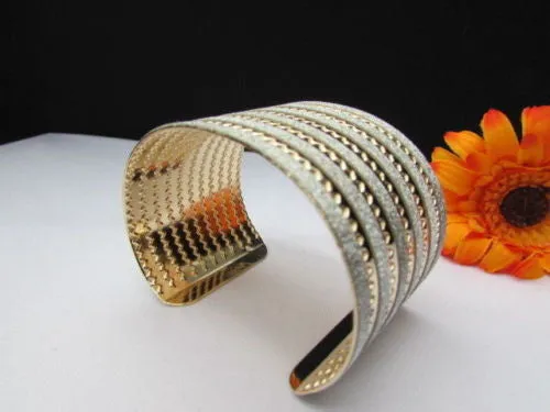 Gold Metal Cuff Bracelet Horizontal Silver Glitter Multi Stripes