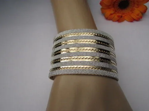 Gold Metal Cuff Bracelet Horizontal Silver Glitter Multi Stripes