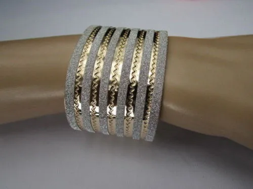 Gold Metal Cuff Bracelet Horizontal Silver Glitter Multi Stripes