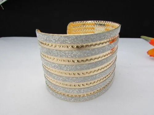 Gold Metal Cuff Bracelet Horizontal Silver Glitter Multi Stripes