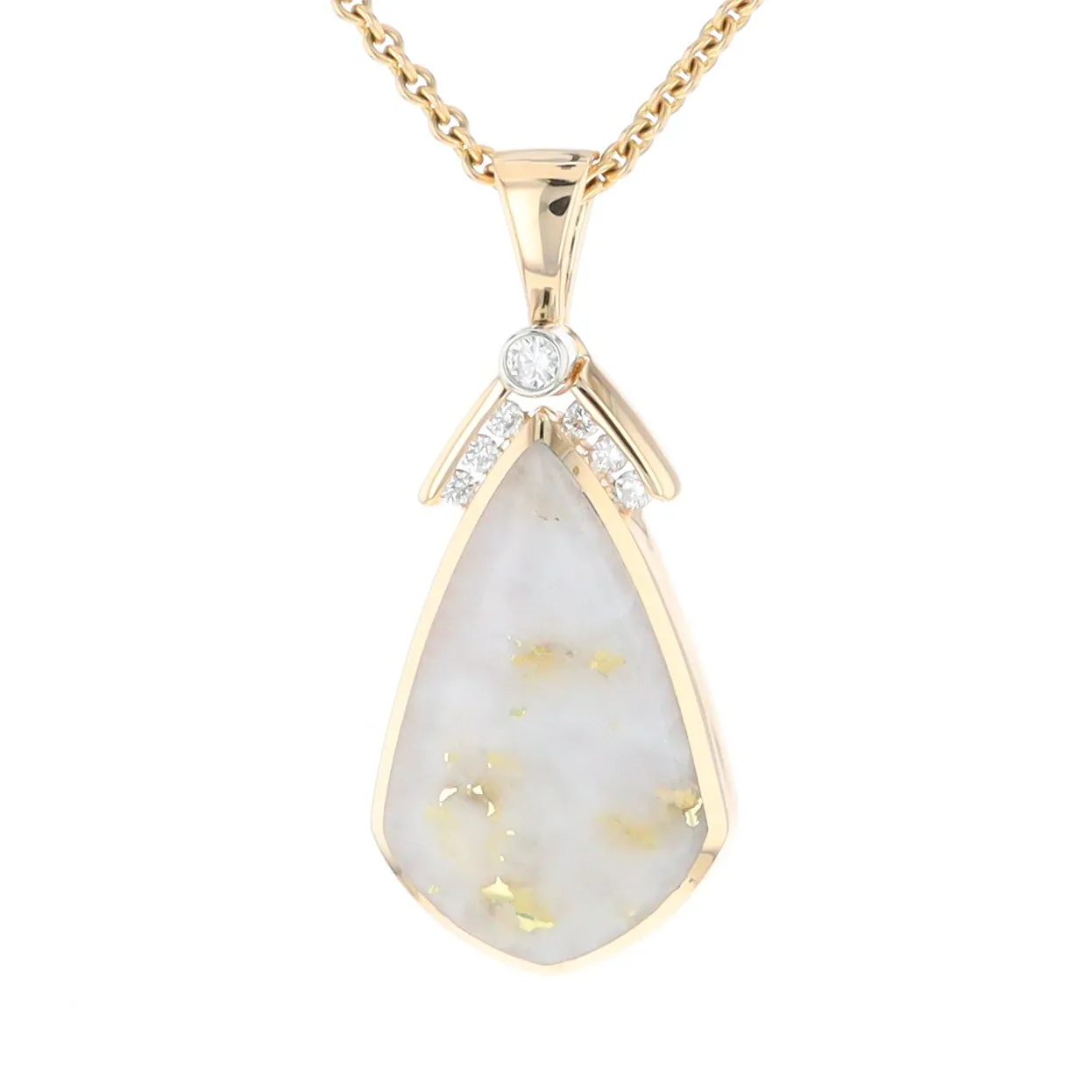 Gold Quartz Necklace Pear Shape Inlaid Pendant with .15ctw Diamonds