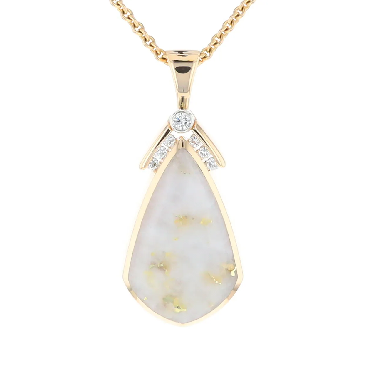 Gold Quartz Necklace Pear Shape Inlaid Pendant with .15ctw Diamonds