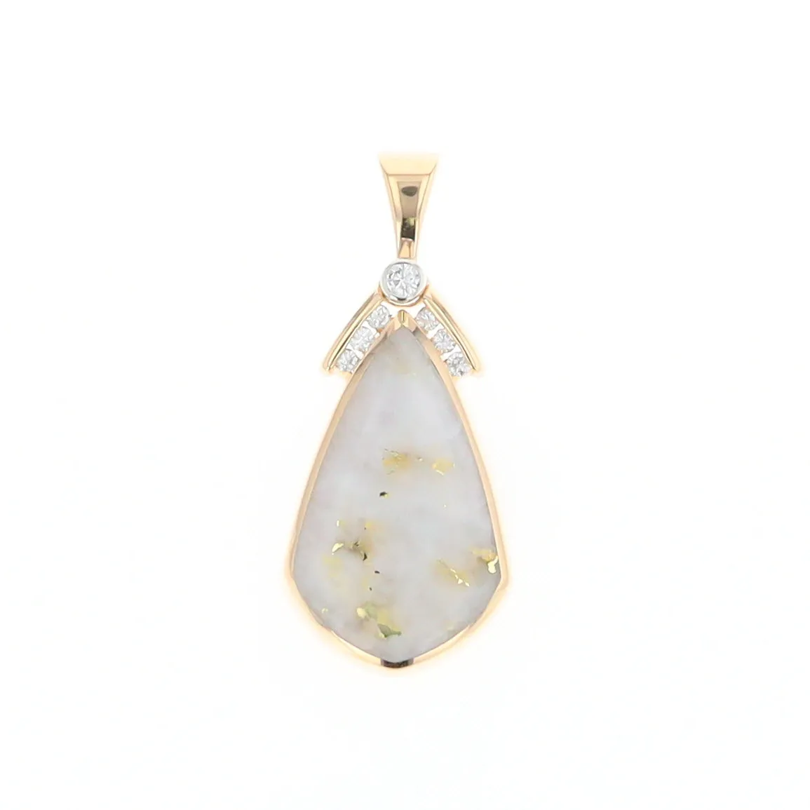 Gold Quartz Necklace Pear Shape Inlaid Pendant with .15ctw Diamonds