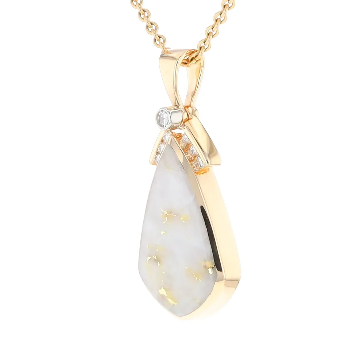 Gold Quartz Necklace Pear Shape Inlaid Pendant with .15ctw Diamonds