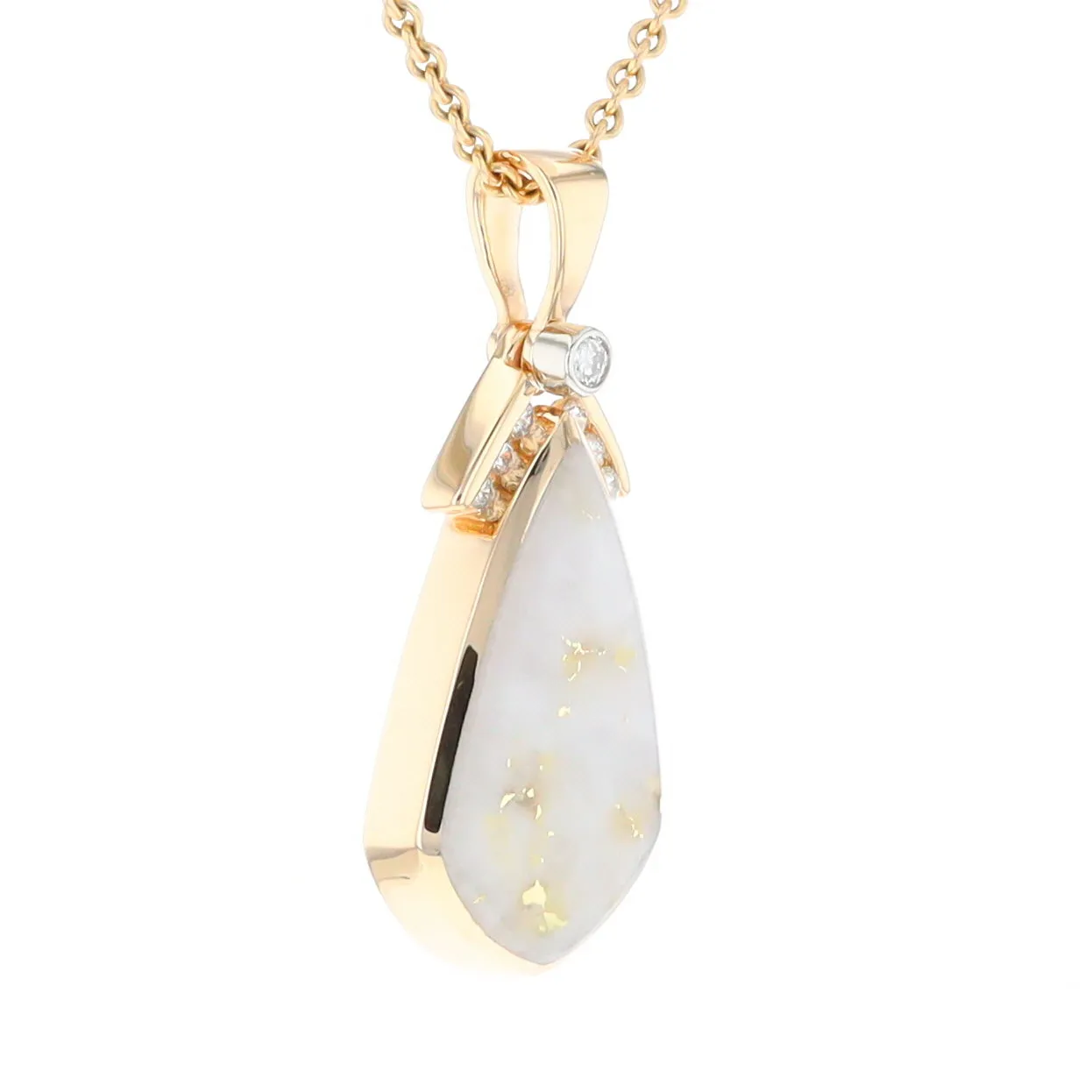 Gold Quartz Necklace Pear Shape Inlaid Pendant with .15ctw Diamonds