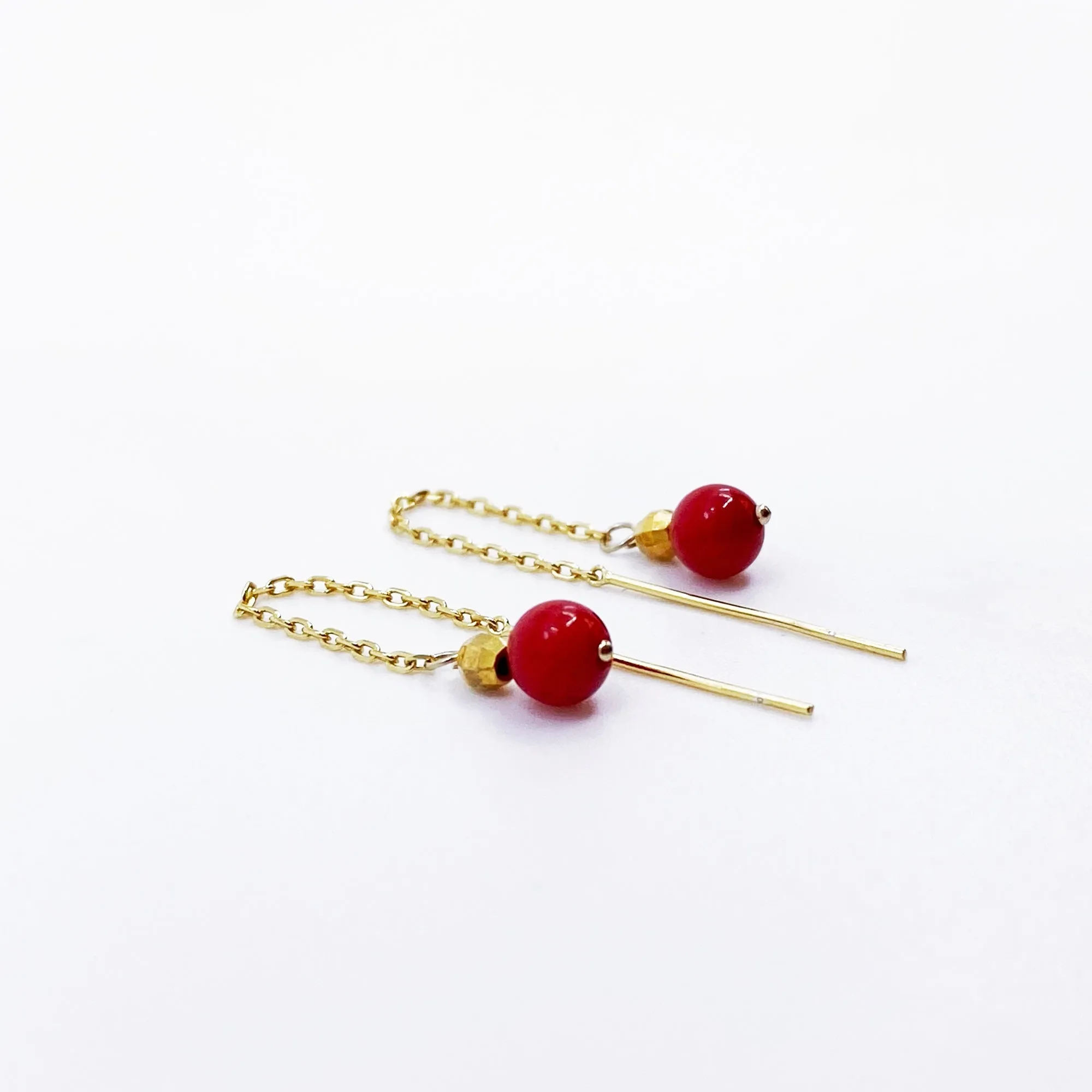 Gold Red Coral Thread Earrings