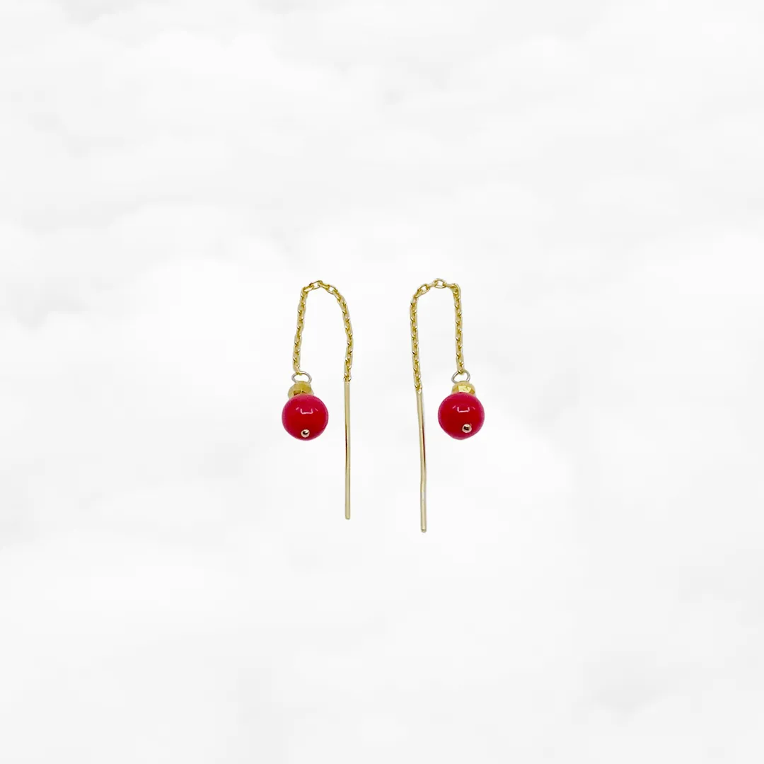 Gold Red Coral Thread Earrings