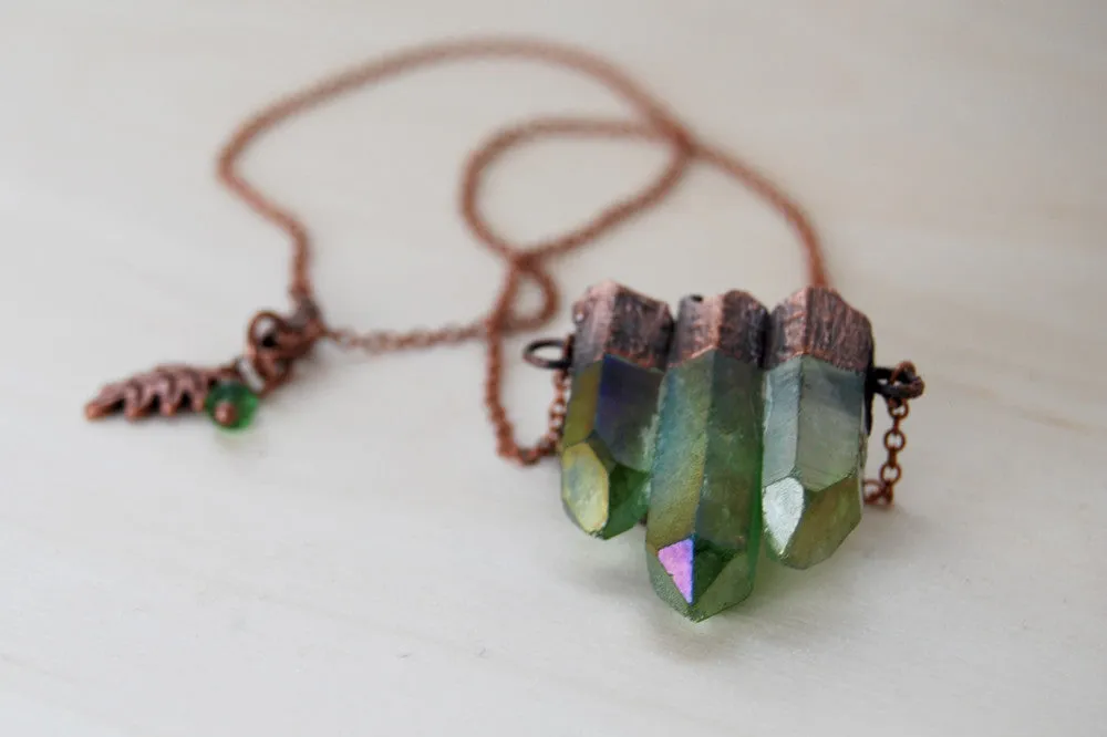 Green Forest Aura Crystal Trio Necklace | Electroformed Crystal Necklace | Green Quartz Pendant