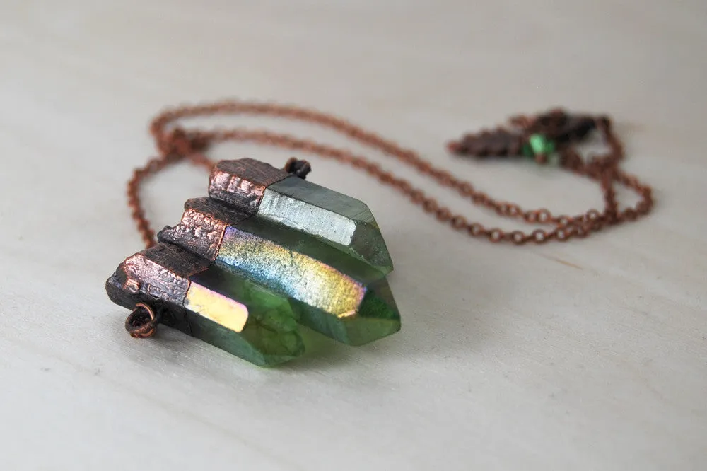 Green Forest Aura Crystal Trio Necklace | Electroformed Crystal Necklace | Green Quartz Pendant