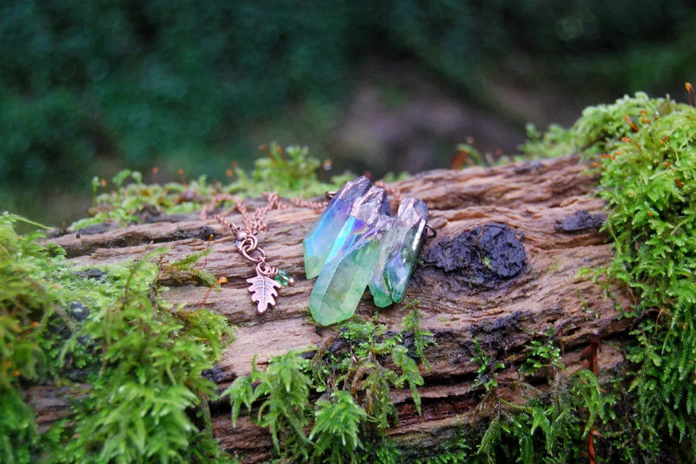 Green Forest Aura Crystal Trio Necklace | Electroformed Crystal Necklace | Green Quartz Pendant