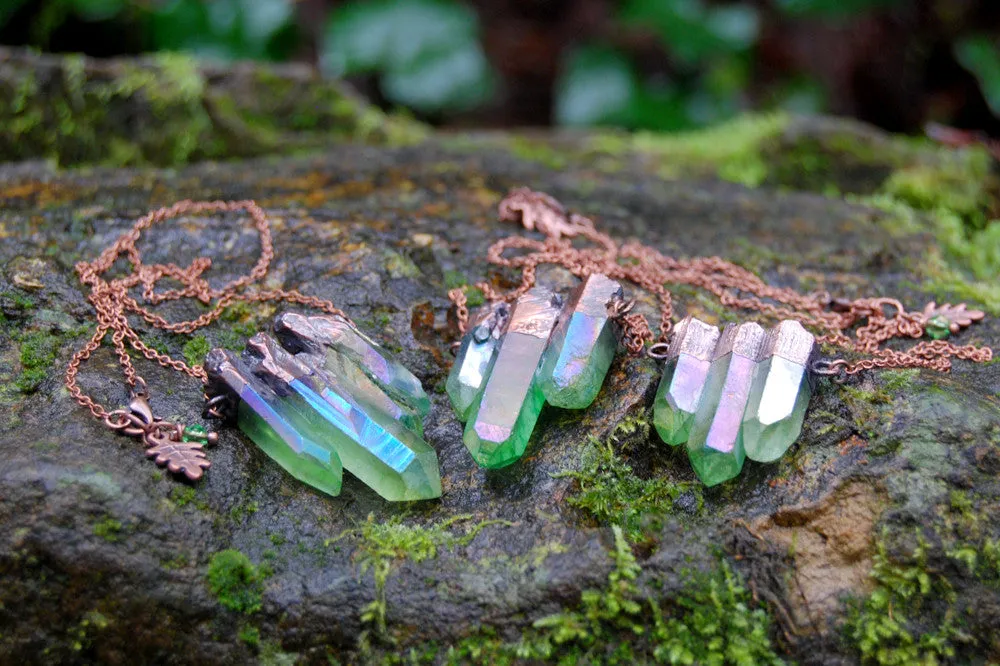 Green Forest Aura Crystal Trio Necklace | Electroformed Crystal Necklace | Green Quartz Pendant