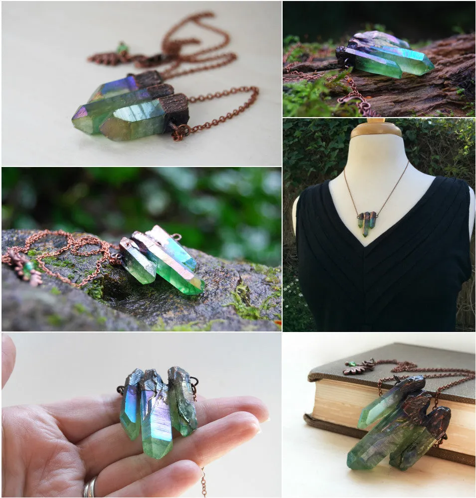 Green Forest Aura Crystal Trio Necklace | Electroformed Crystal Necklace | Green Quartz Pendant