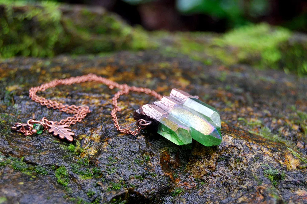 Green Forest Aura Crystal Trio Necklace | Electroformed Crystal Necklace | Green Quartz Pendant