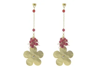 Hammered Gold Flower & Red Coral Earrings in Sterling Silver