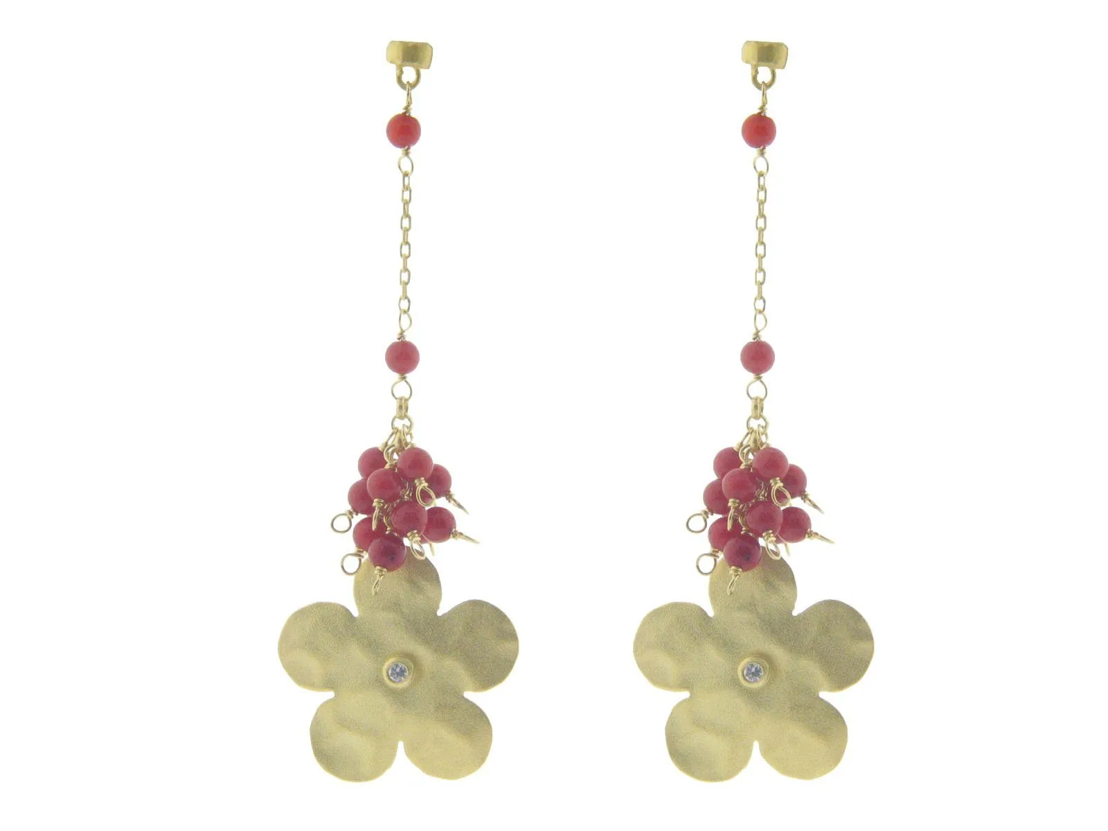 Hammered Gold Flower & Red Coral Earrings in Sterling Silver