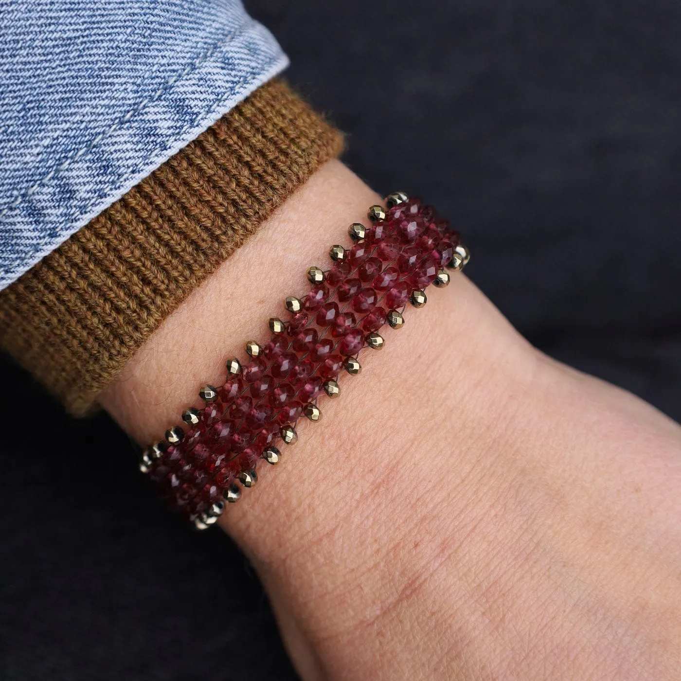 Hand Woven Soft Bracelet of Garnet & Pyrite Trim