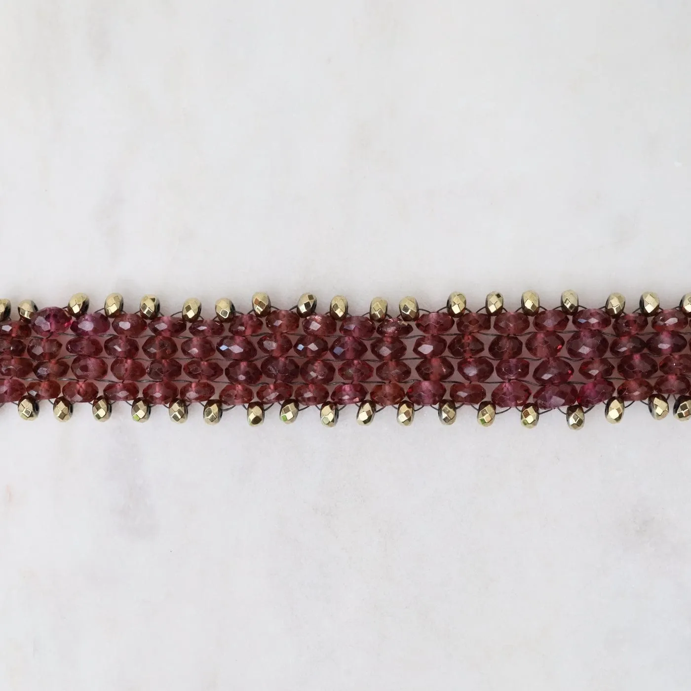 Hand Woven Soft Bracelet of Garnet & Pyrite Trim