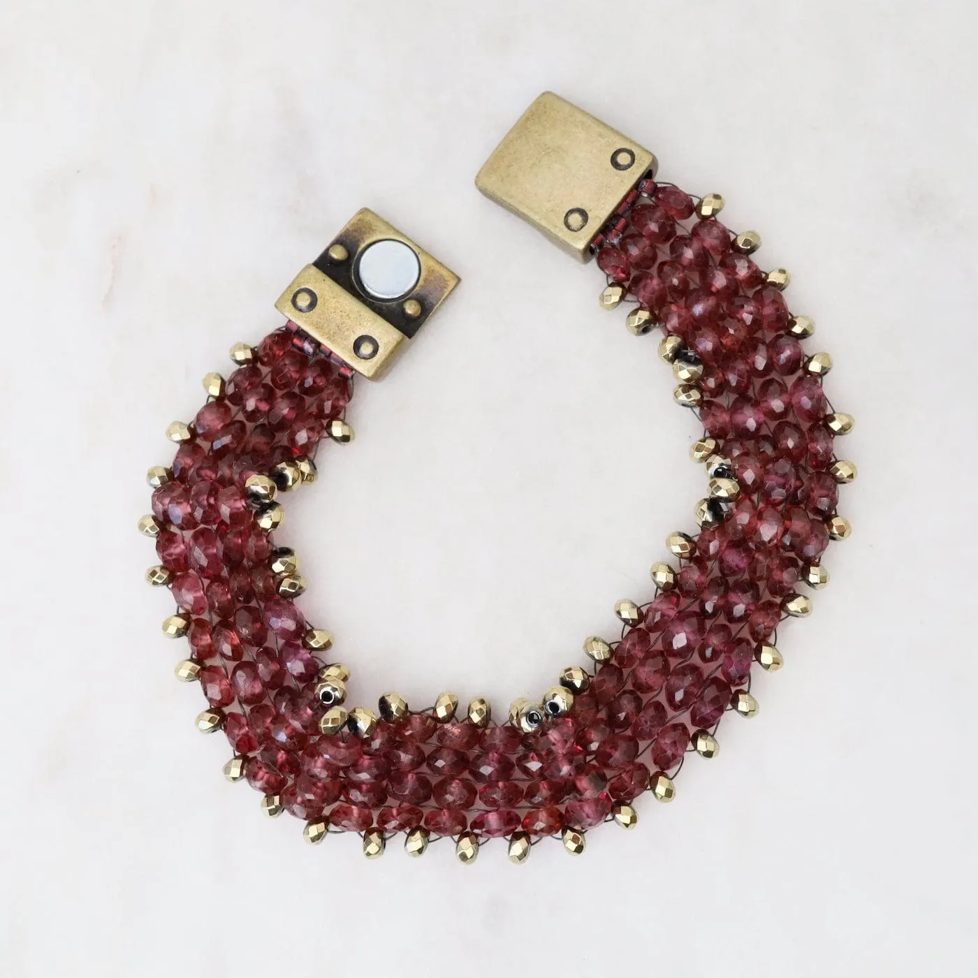 Hand Woven Soft Bracelet of Garnet & Pyrite Trim