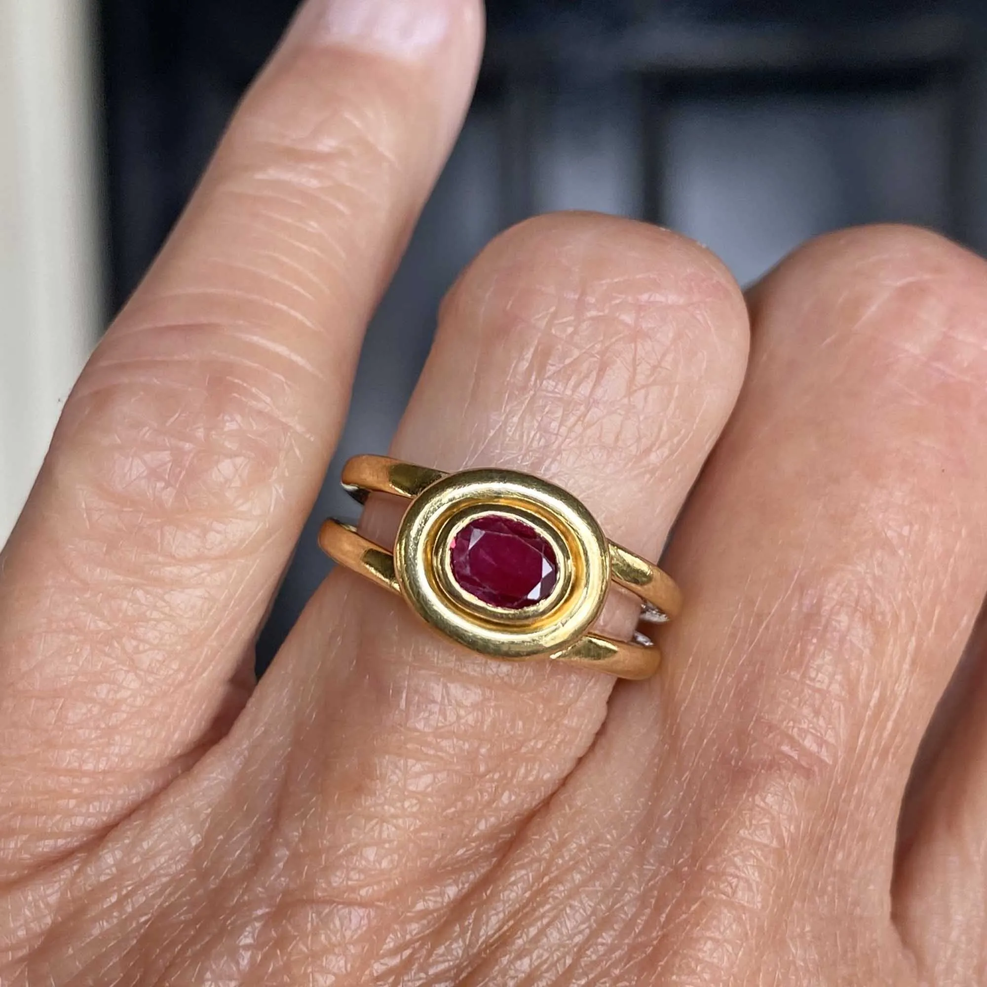 Heavy Modern 18K Gold Ruby Ring, Signet Style