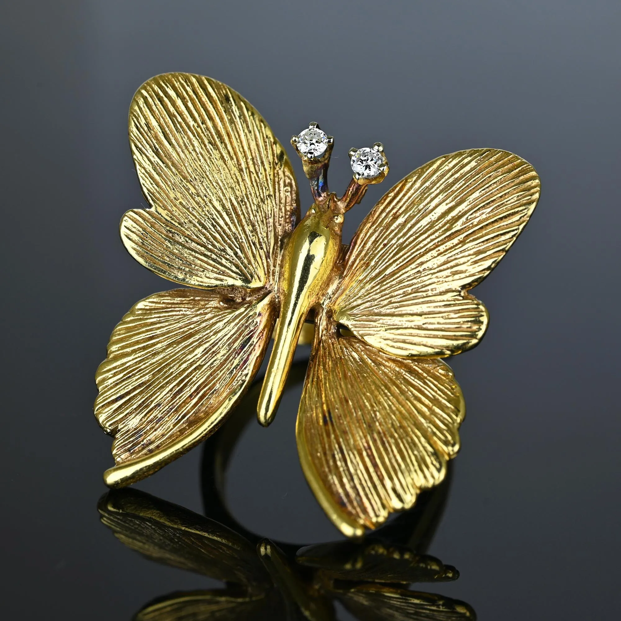 Impressive Diamond Textured 14K Gold Butterfly Ring