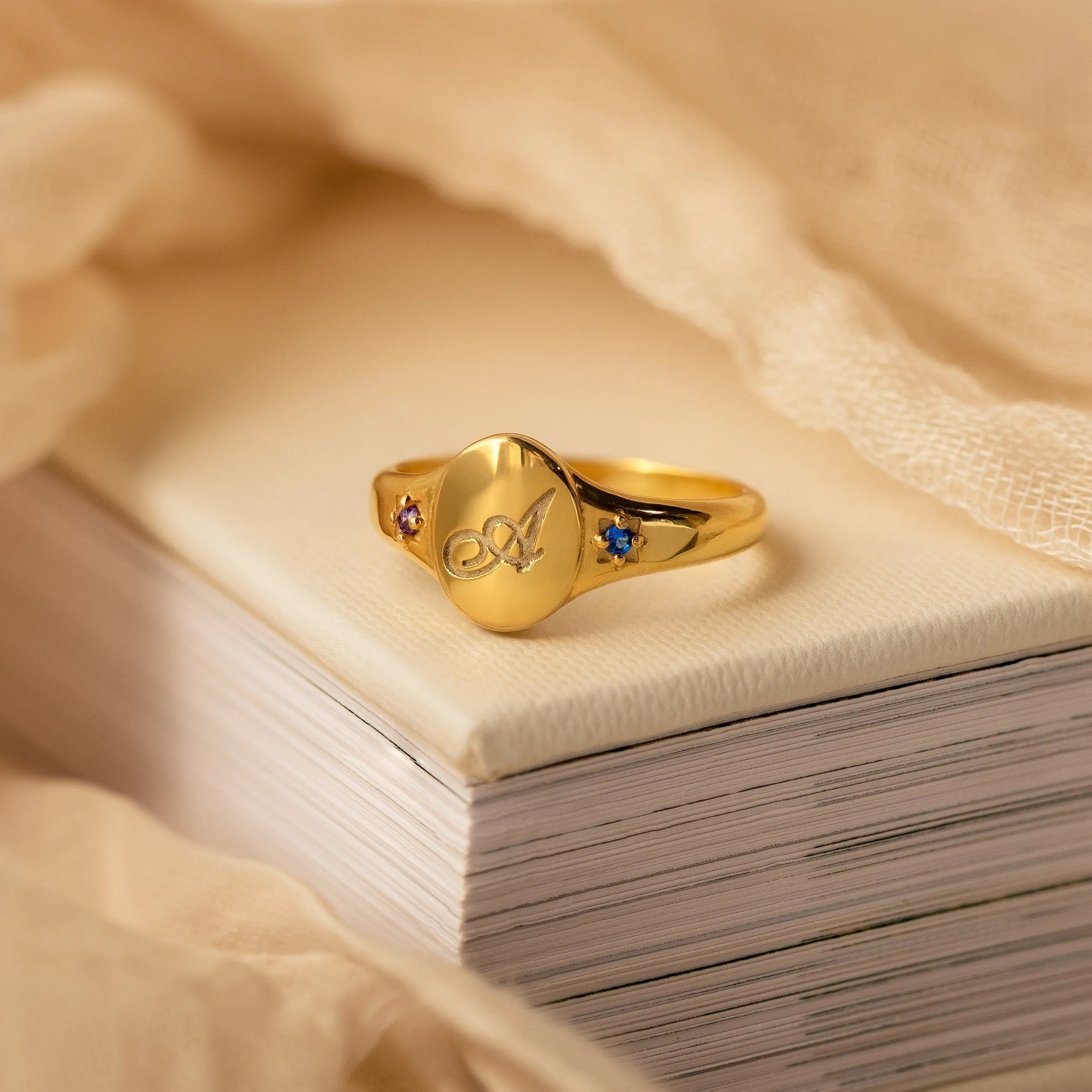 Initial Birthstone Signet Ring