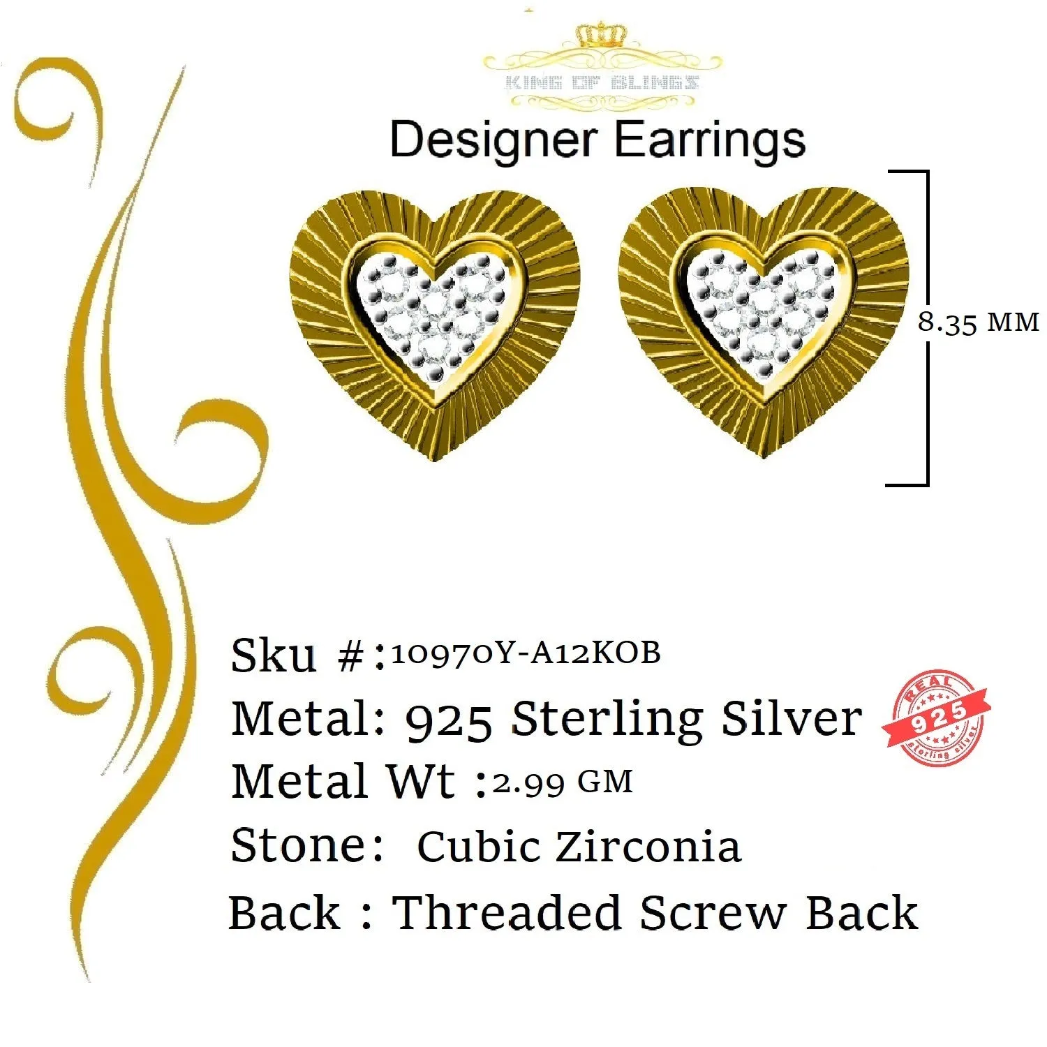 King of Bling's Aretes Para Hombre 925 Yellow Silver 0.24ct Cubic Zirconia Heart Women's Earring