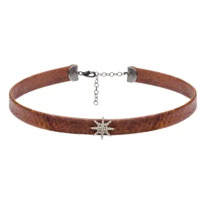 LARGE SUNBURST CHOKER, BROWN LEATHER