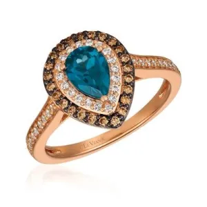 Le Vian 14K Strawberry Gold Pear Deep Sea Blue Topaz Ring with Chocolate and Vanilla Diamond Halo