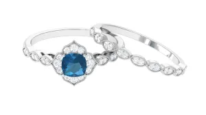 London Blue Topaz Flower Ring Set with Diamond and Beaded