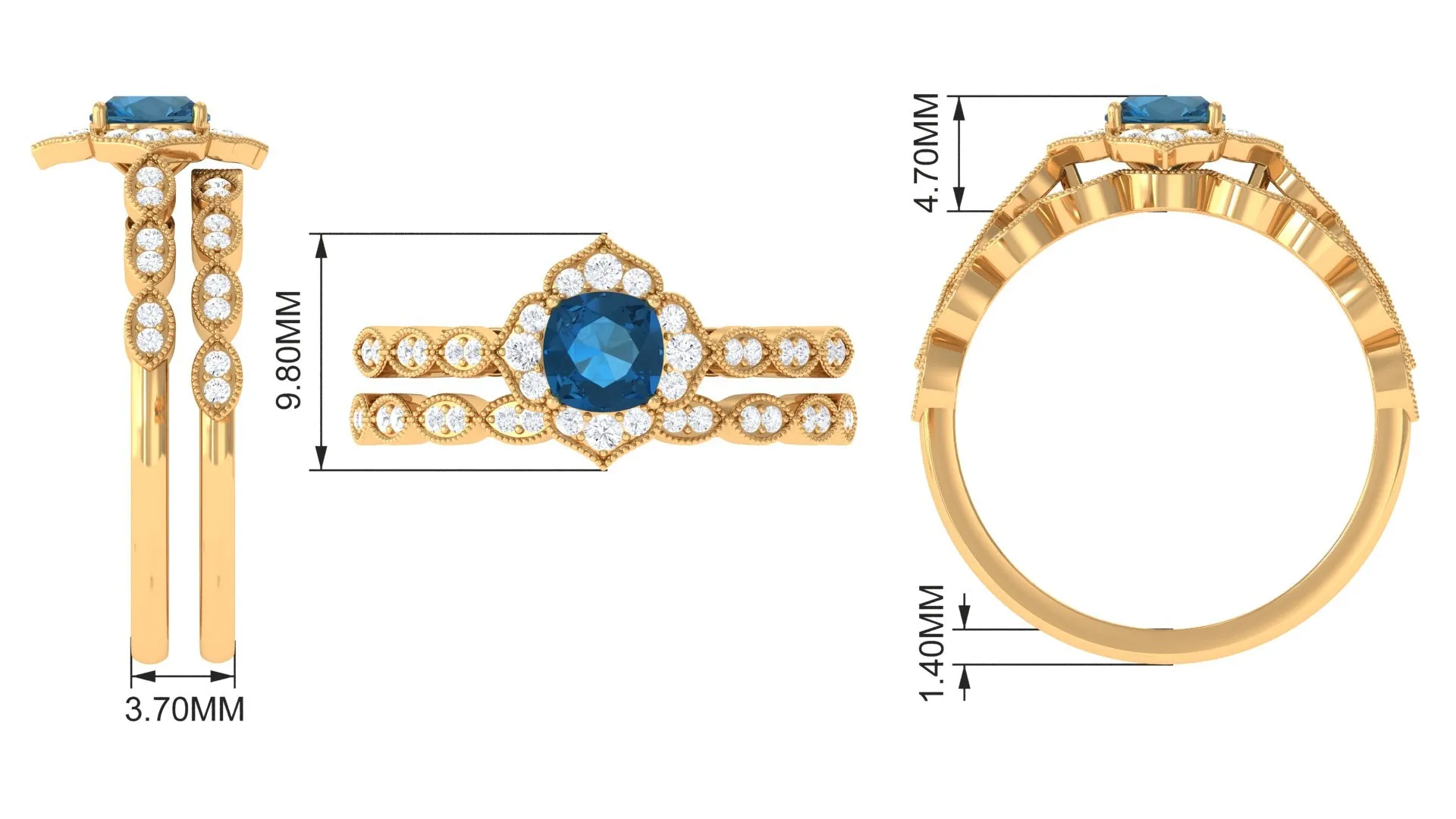 London Blue Topaz Flower Ring Set with Diamond and Beaded