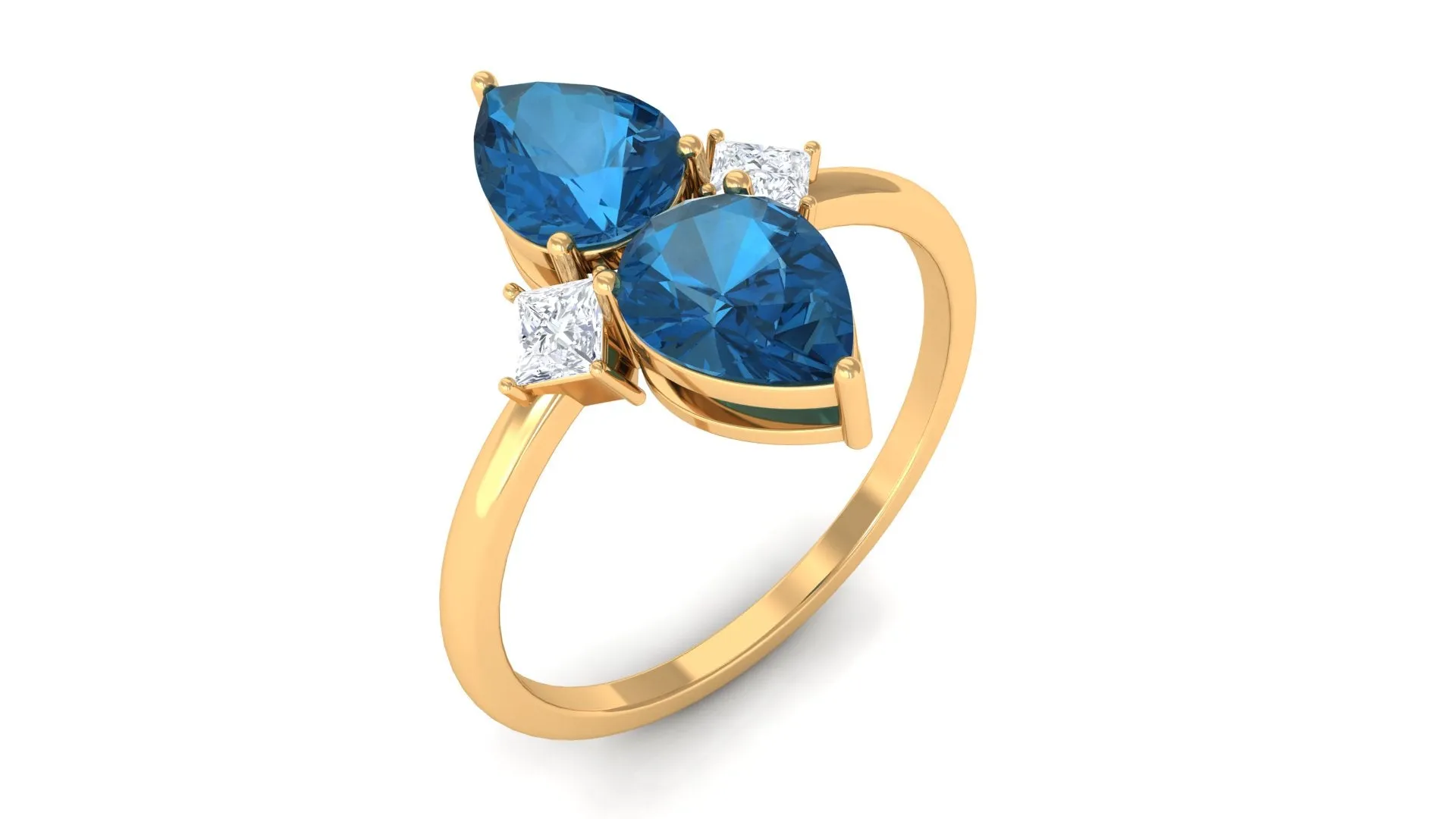 London Blue Topaz Two Stone Ring with Moissanite Stones