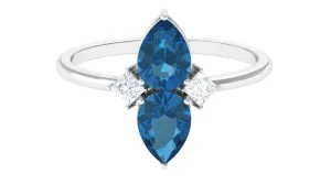 London Blue Topaz Two Stone Ring with Moissanite Stones