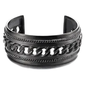 Masculine Wide Steel Cuff Bangle Bracelet for Men Women with Curb Chain Ornament