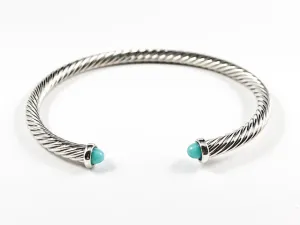 Modern Thin Cable Wire Texture With Dainty Turquoise Crystal Duo Ends Brass Cuff Bangle