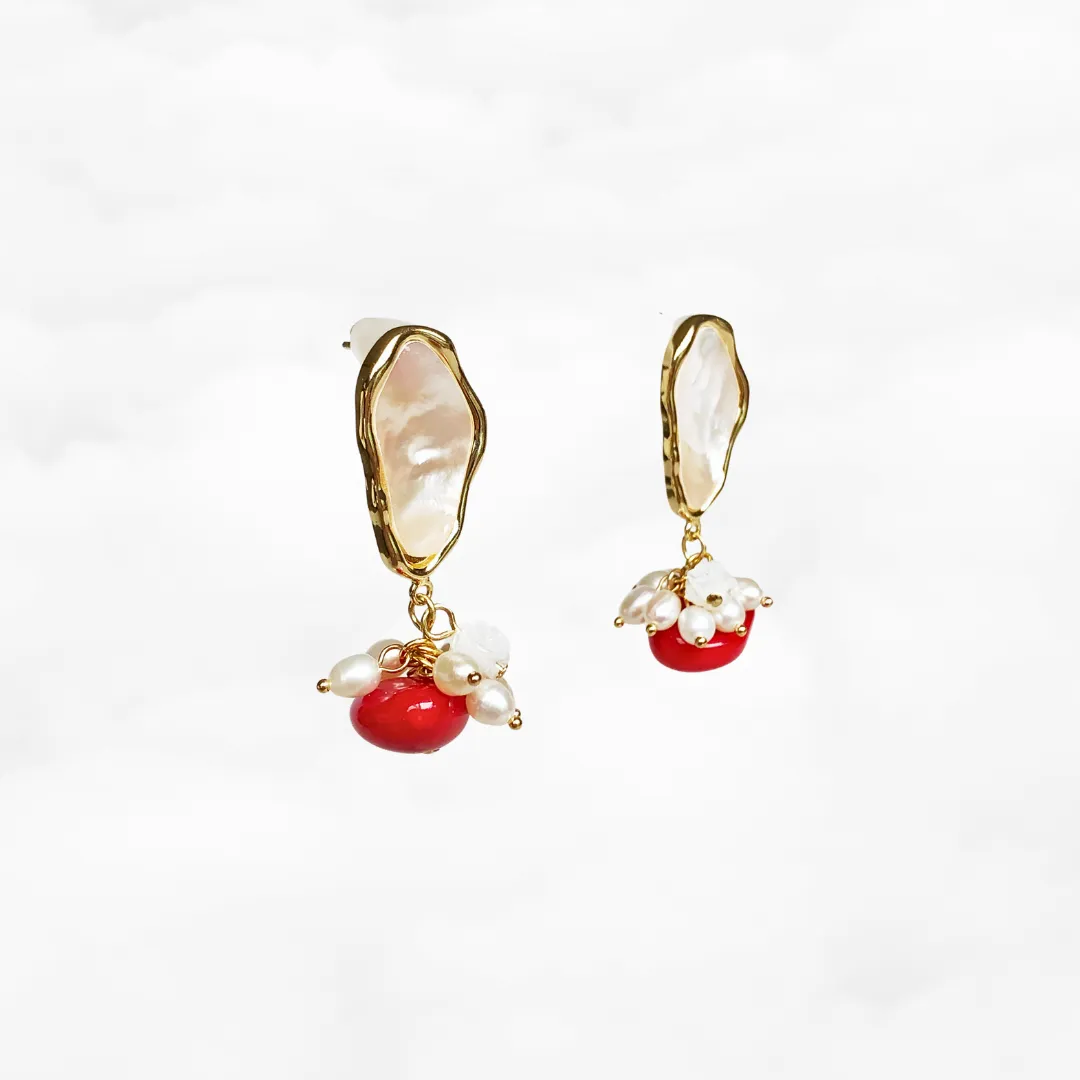 Mother Pearl and Red Coral Cluster Earrings Gold