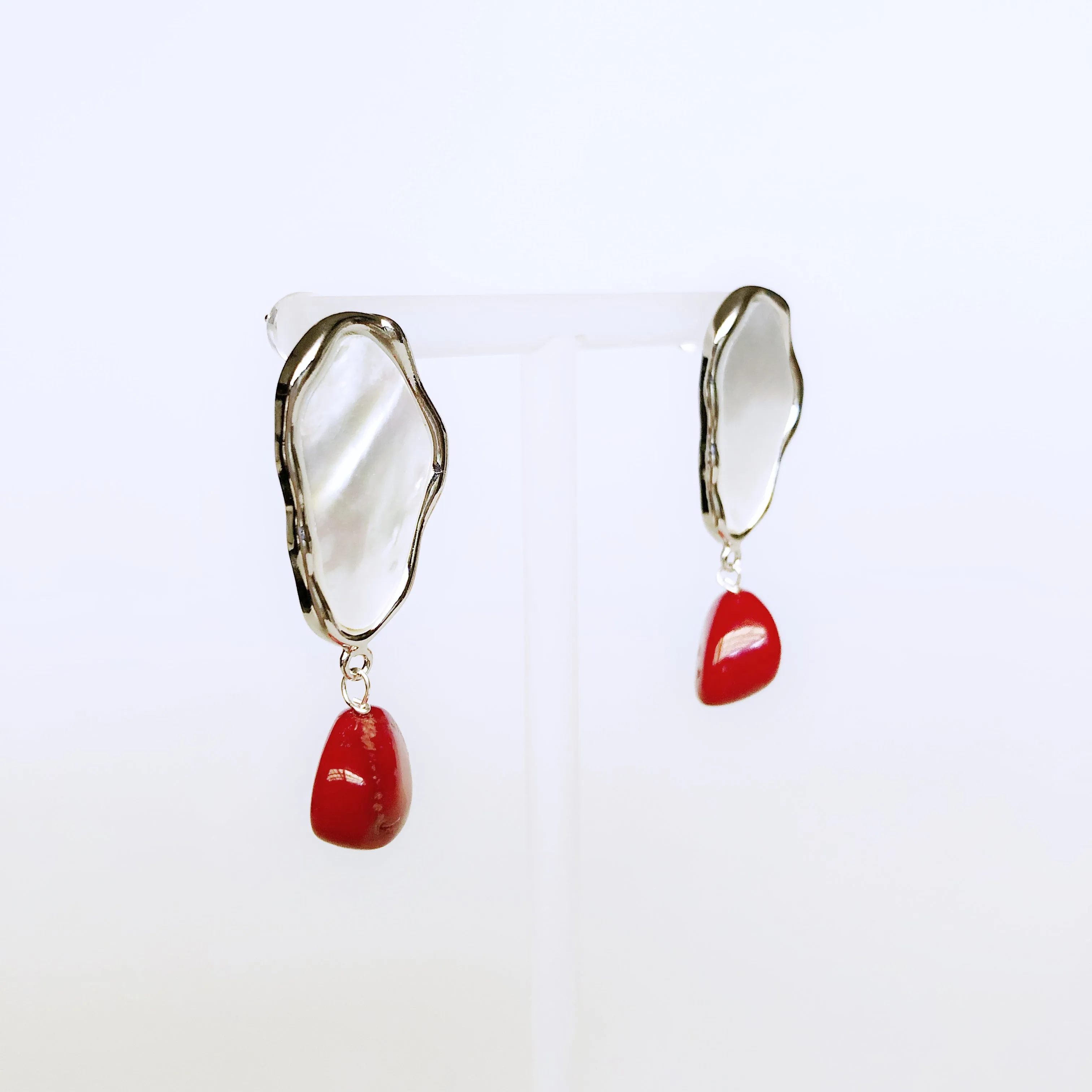 Mother Pearl and Red Coral Cluster Earrings Silver