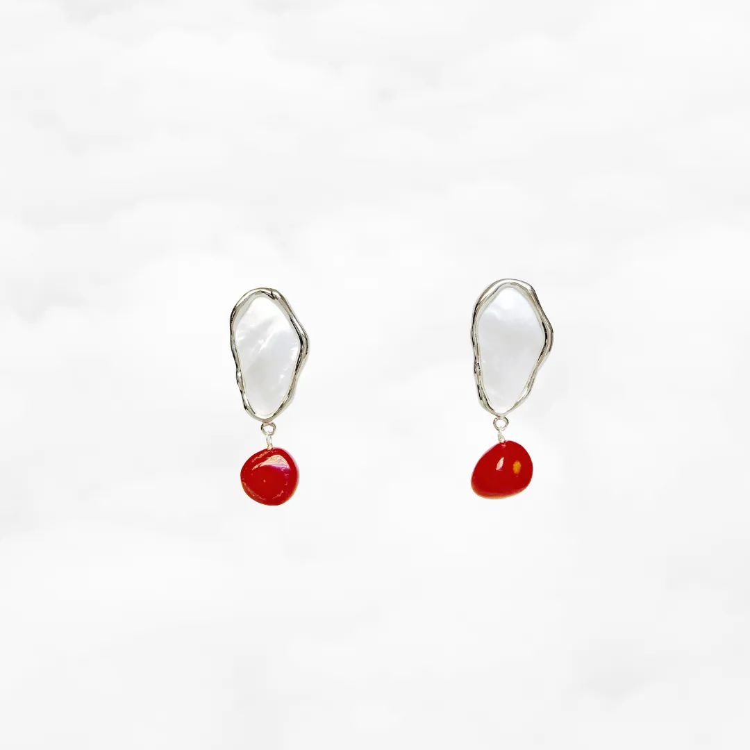 Mother Pearl and Red Coral Cluster Earrings Silver