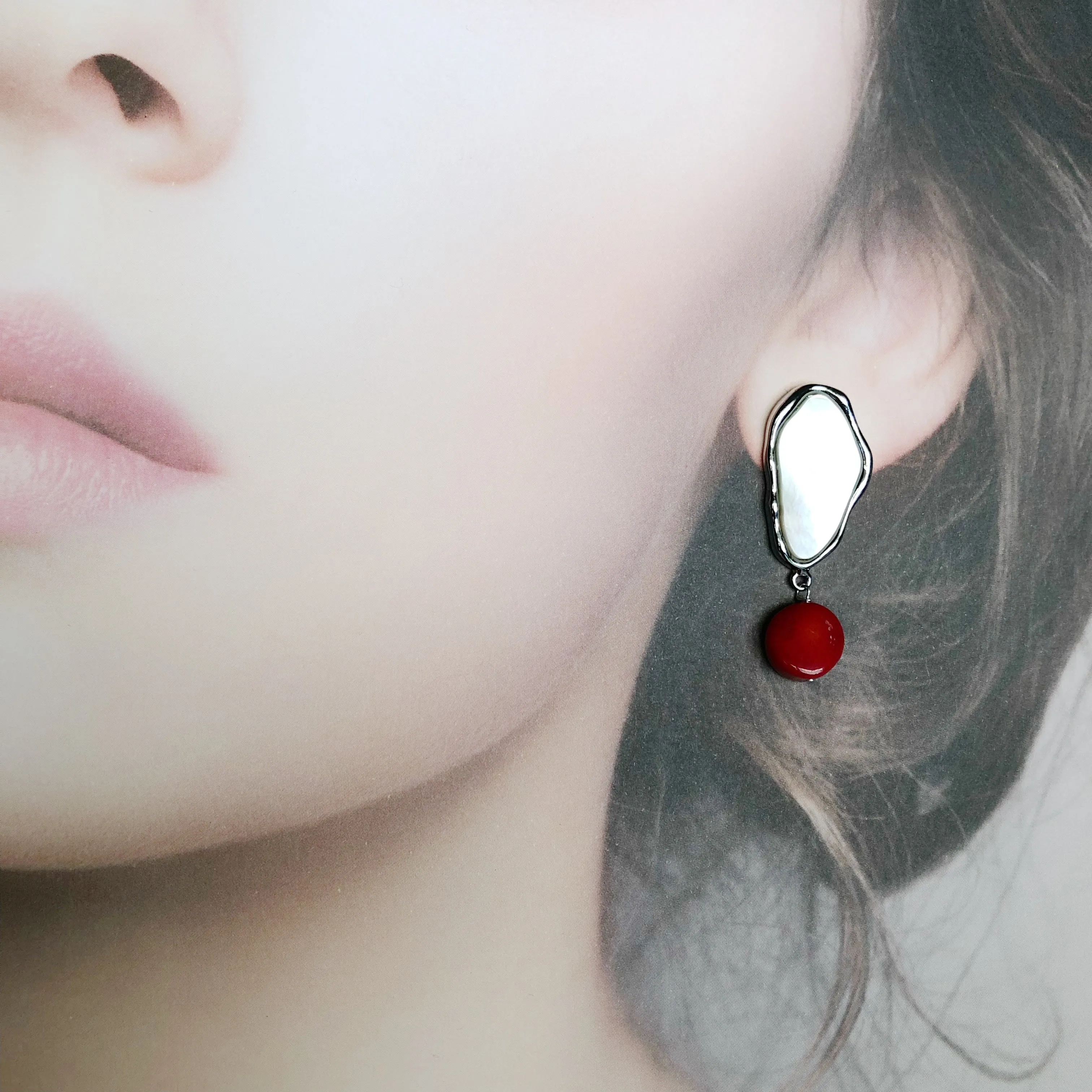 Mother Pearl and Red Coral Cluster Earrings Silver