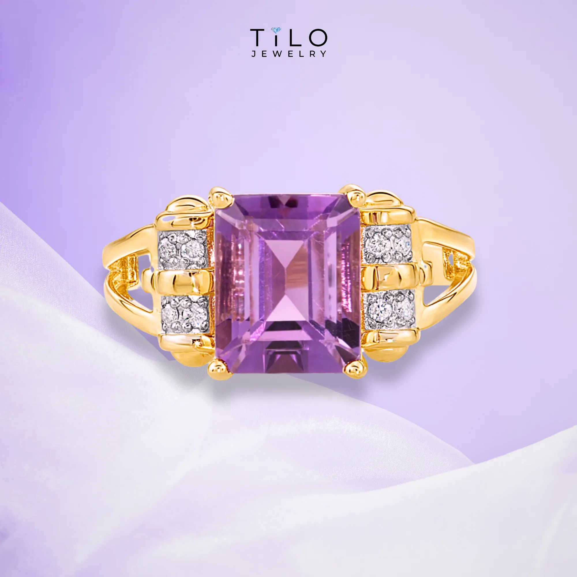 Natural Amethyst Gemstone Ring, 14k Gold Ring with Natural Diamonds