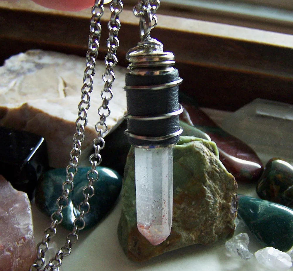 Natural Blood Crystal Lepidochrosite Quartz Leather Bullet Pendant