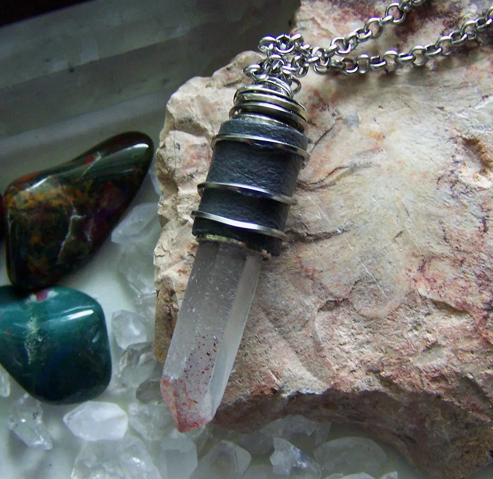 Natural Blood Crystal Lepidochrosite Quartz Leather Bullet Pendant