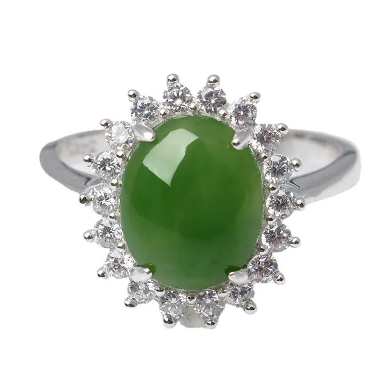 Natural Jade Ring Nephrite Silver Adjustable Ring ZNRG114