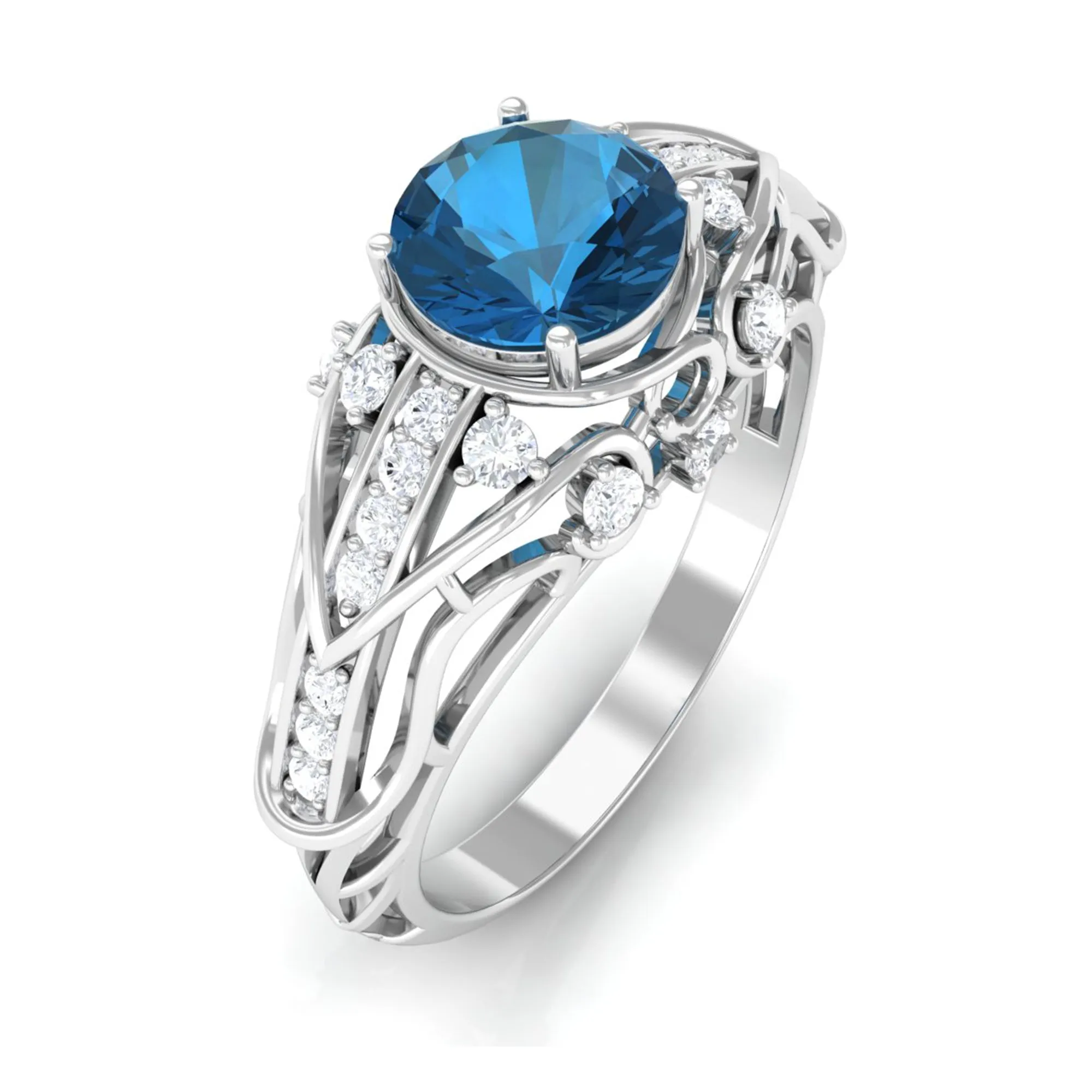 Natural London Blue Topaz Vintage Inspired Ring with Diamond