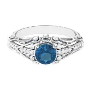 Natural London Blue Topaz Vintage Inspired Ring with Diamond