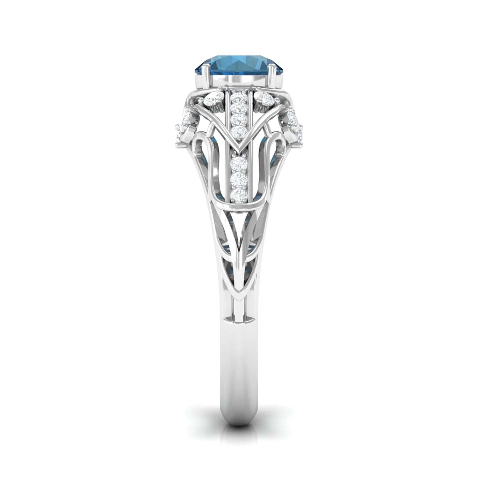 Natural London Blue Topaz Vintage Inspired Ring with Diamond