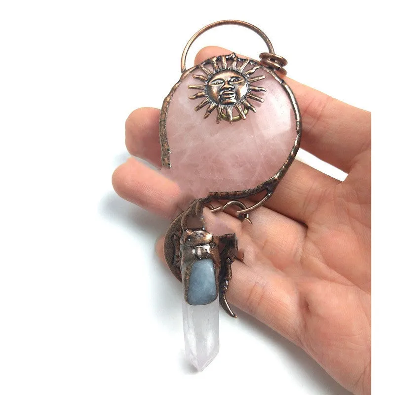 Natural Rose Quartz Pendant Wand Moon Necklace