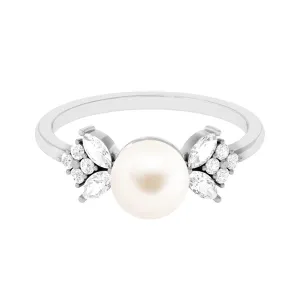 Nature Inspired Freshwater Pearl Solitaire Engagement Ring with Diamond Accent