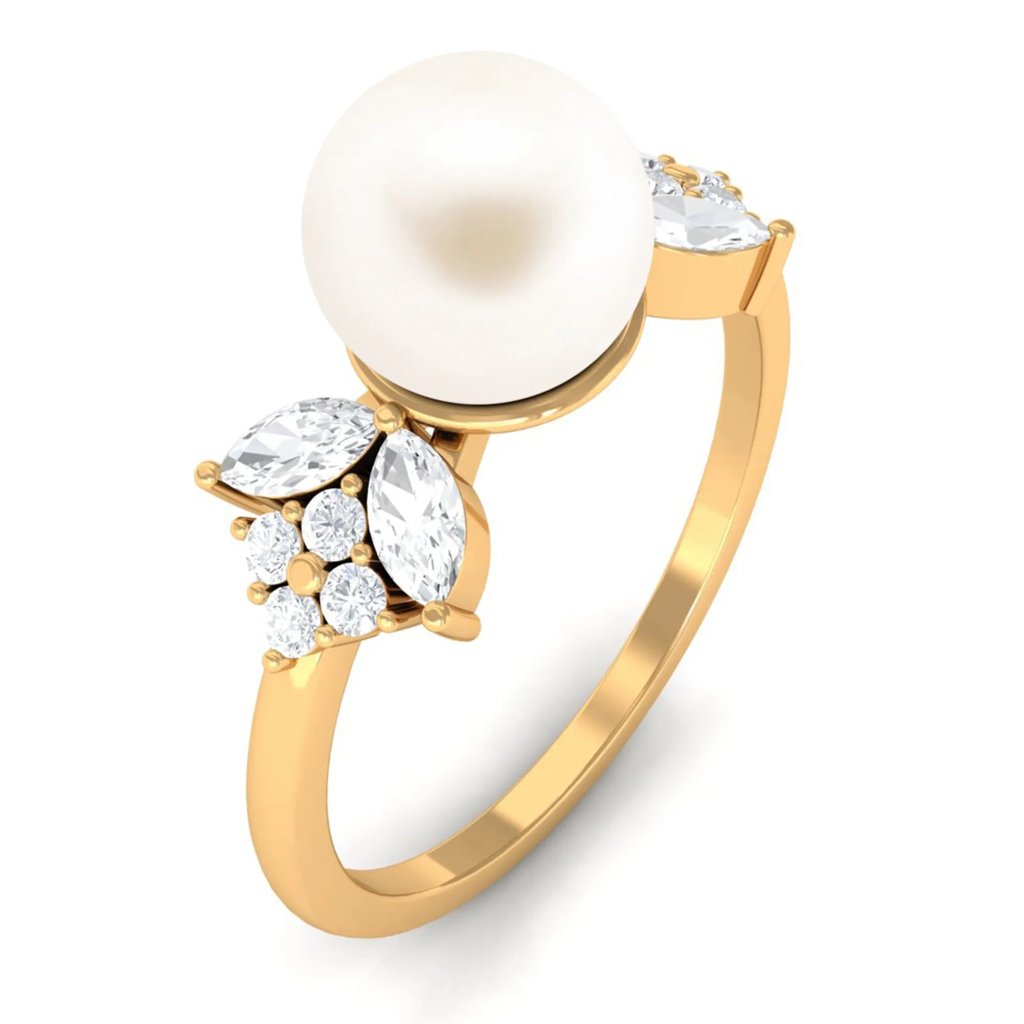 Nature Inspired Freshwater Pearl Solitaire Engagement Ring with Diamond Accent