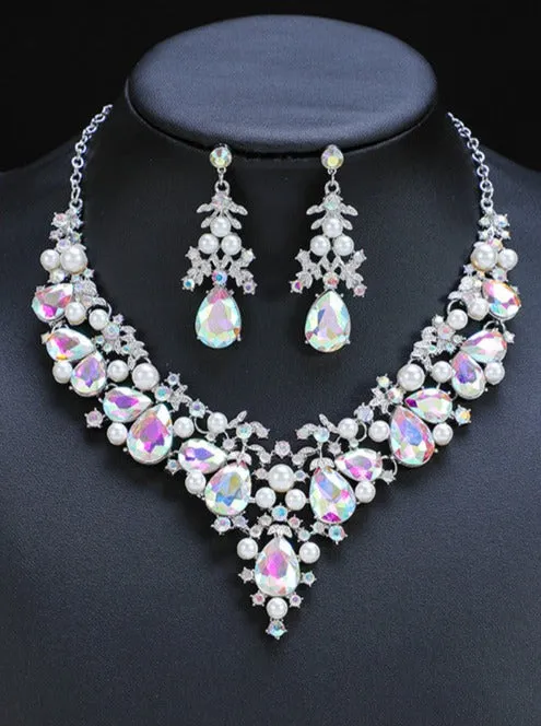 New In Silver Gold Plated Crystal Earrings Necklace Set for Women with Imitation Pearl Gift for Bridal