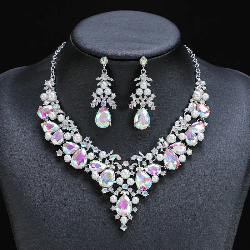 New In Silver Gold Plated Crystal Earrings Necklace Set for Women with Imitation Pearl Gift for Bridal